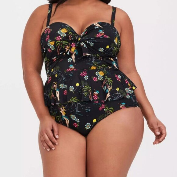 Torrid Hula Girls Tankini Top Size 3X Underwire Peplum Swim Top Pineapples Tiki - Picture 1 of 12